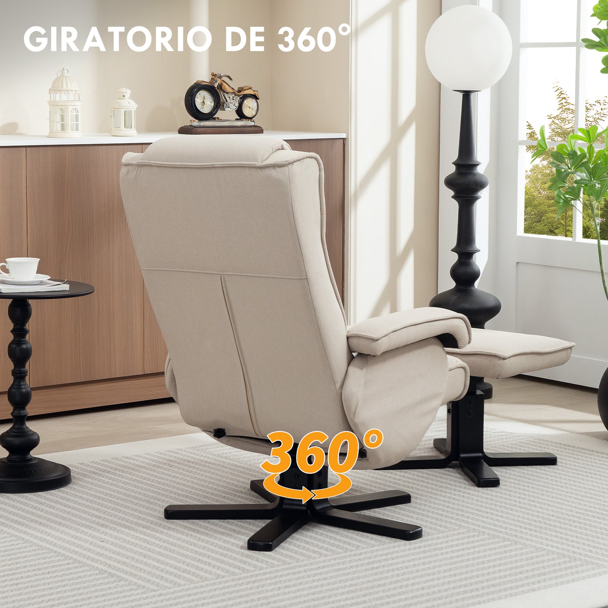 Reclining Armchair with Footrest Swivel Lounge Chair Upholstered in Linen with Wooden Base Rocking Function Armchair for Bedroom Living Room Beige