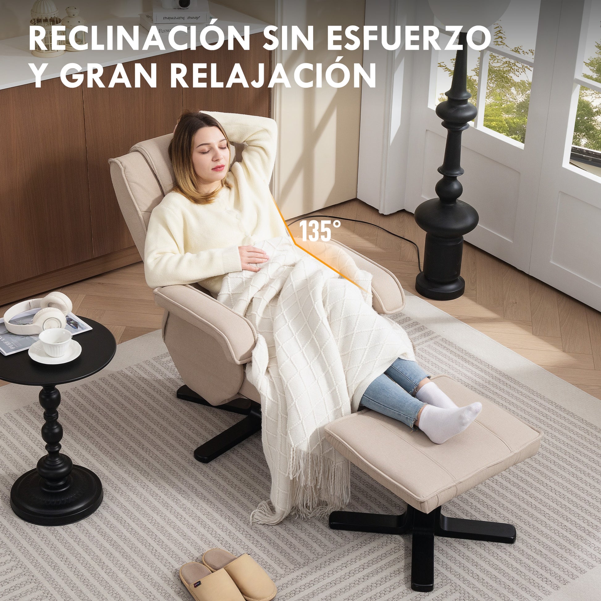 Reclining Armchair with Footrest Swivel Lounge Chair Upholstered in Linen with Wooden Base Rocking Function Armchair for Bedroom Living Room Beige