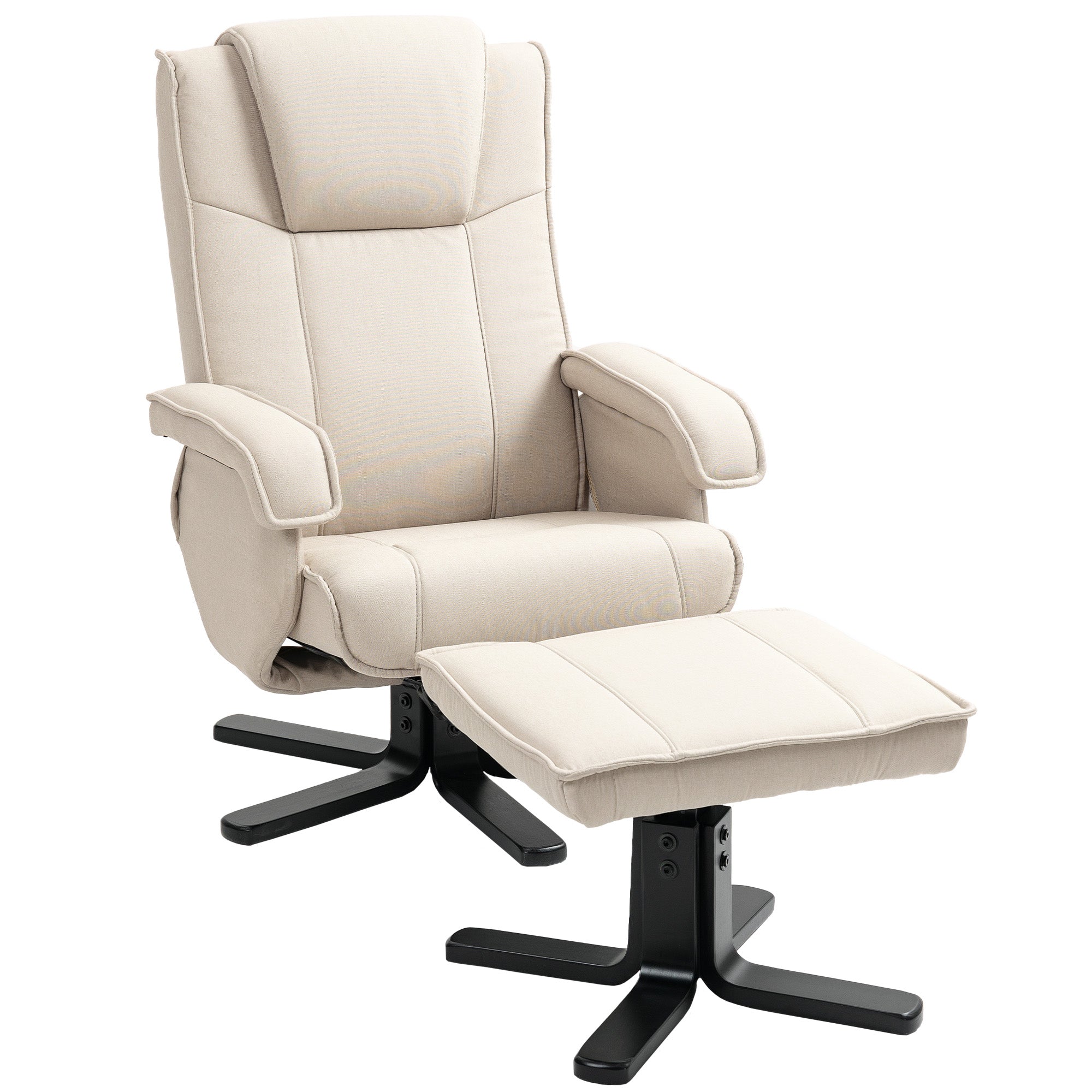 Reclining Armchair with Footrest Swivel Lounge Chair Upholstered in Linen with Wooden Base Rocking Function Armchair for Bedroom Living Room Beige