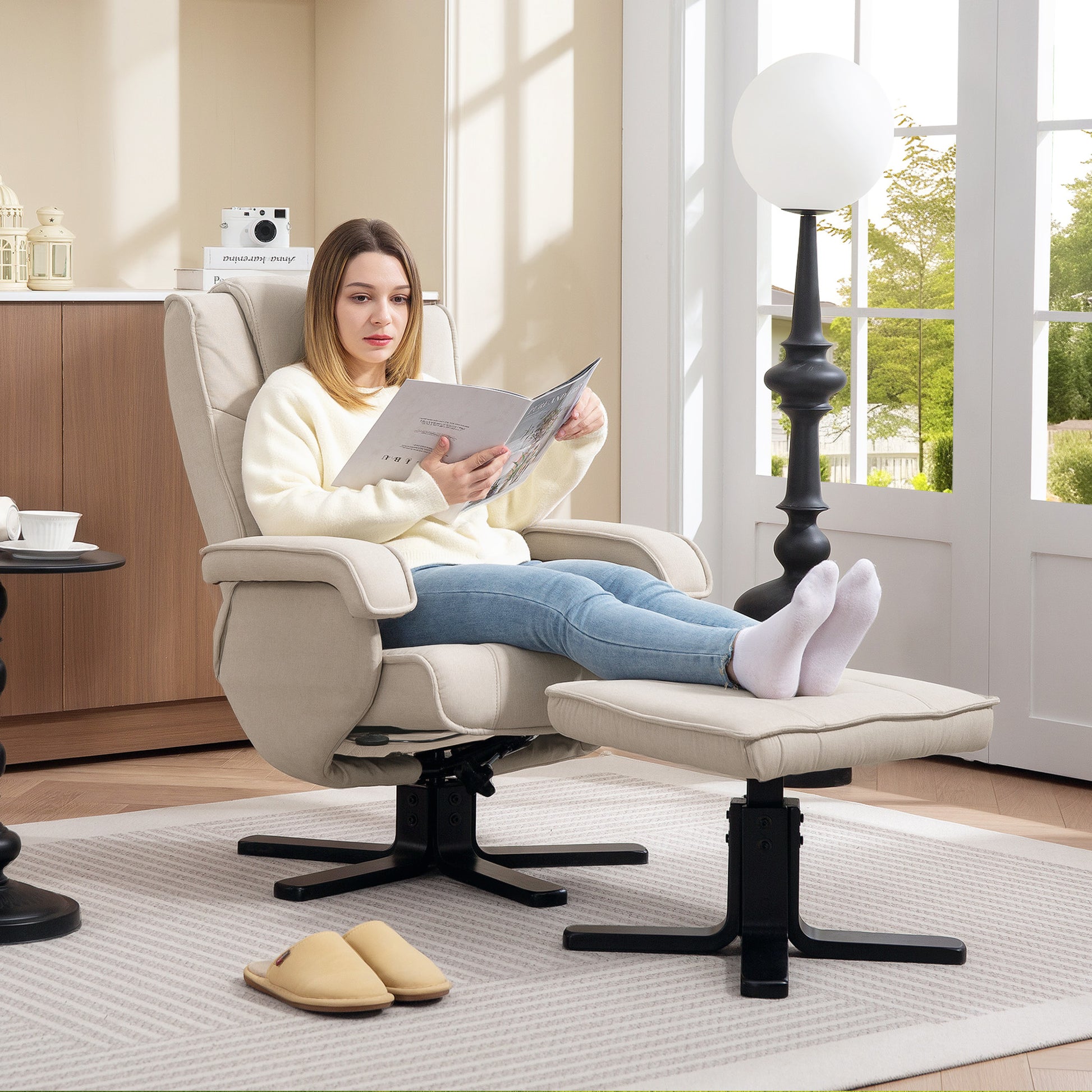 Reclining Armchair with Footrest Swivel Lounge Chair Upholstered in Linen with Wooden Base Rocking Function Armchair for Bedroom Living Room Beige