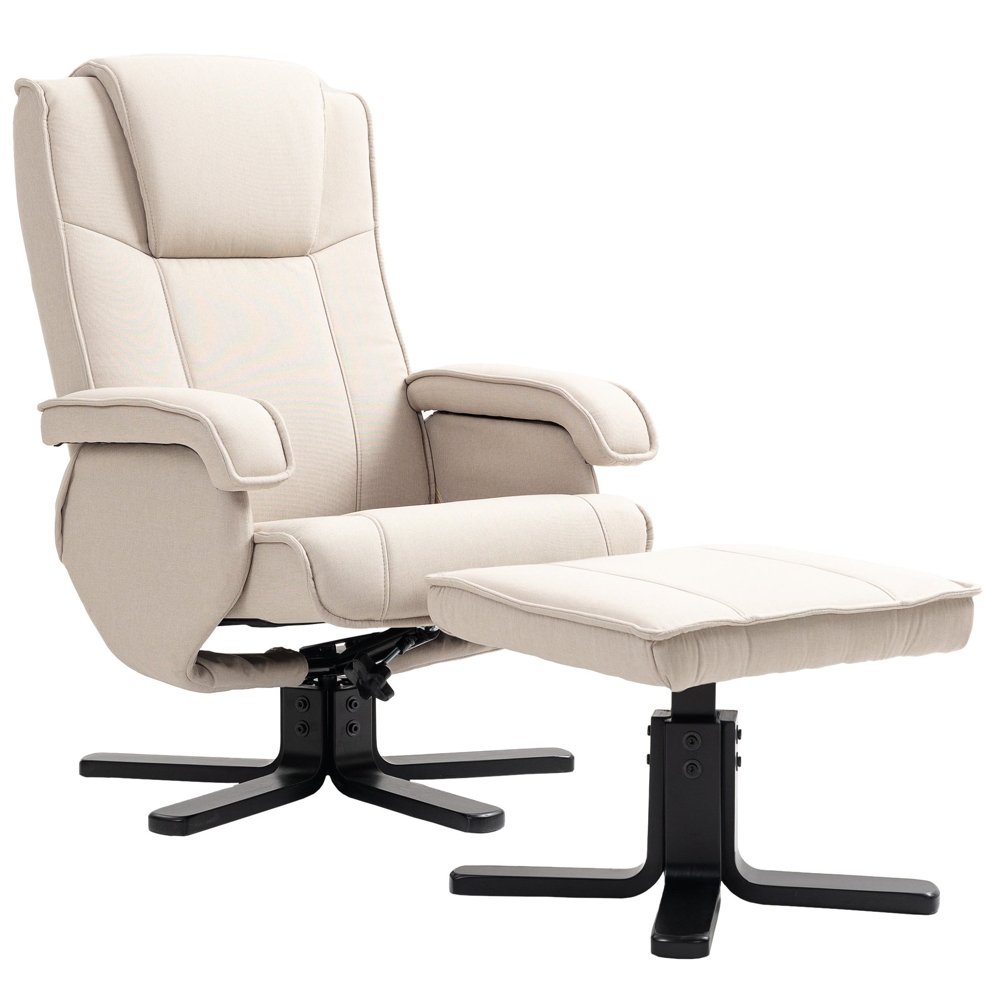 Reclining Armchair with Footrest Swivel Lounge Chair Upholstered in Linen with Wooden Base Rocking Function Armchair for Bedroom Living Room Beige
