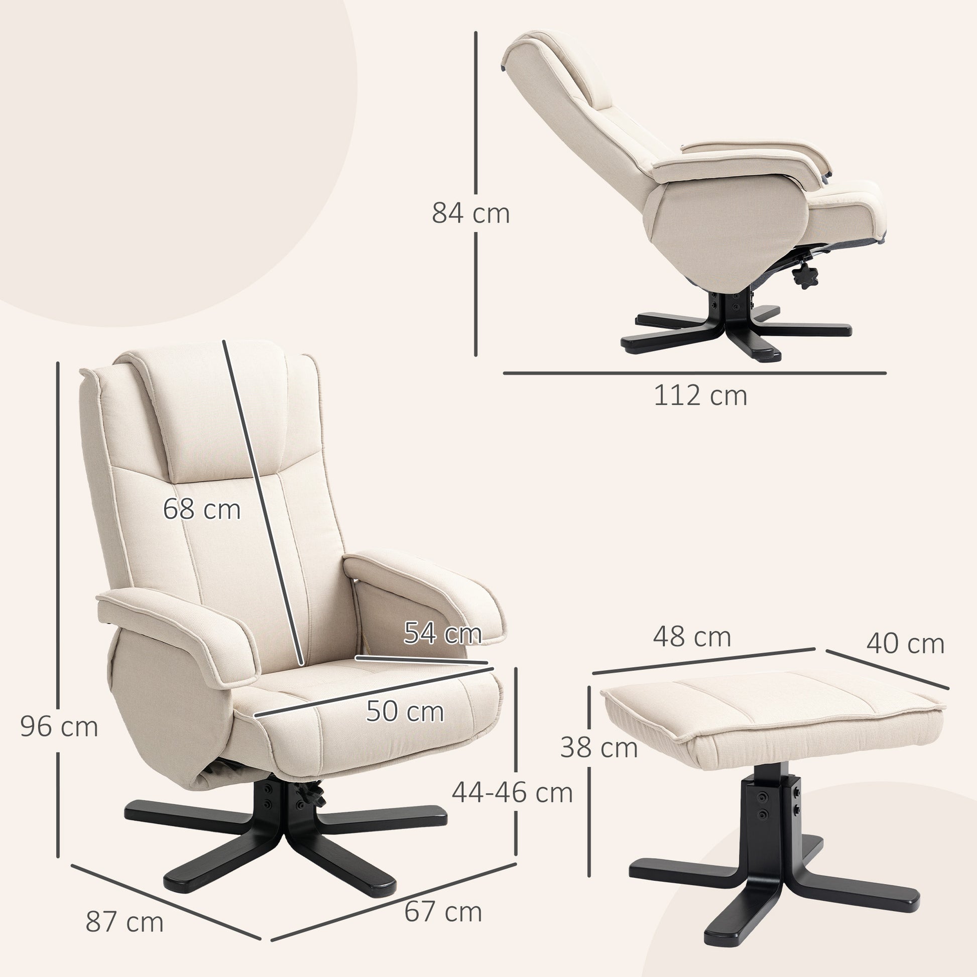 Reclining Armchair with Footrest Swivel Lounge Chair Upholstered in Linen with Wooden Base Rocking Function Armchair for Bedroom Living Room Beige