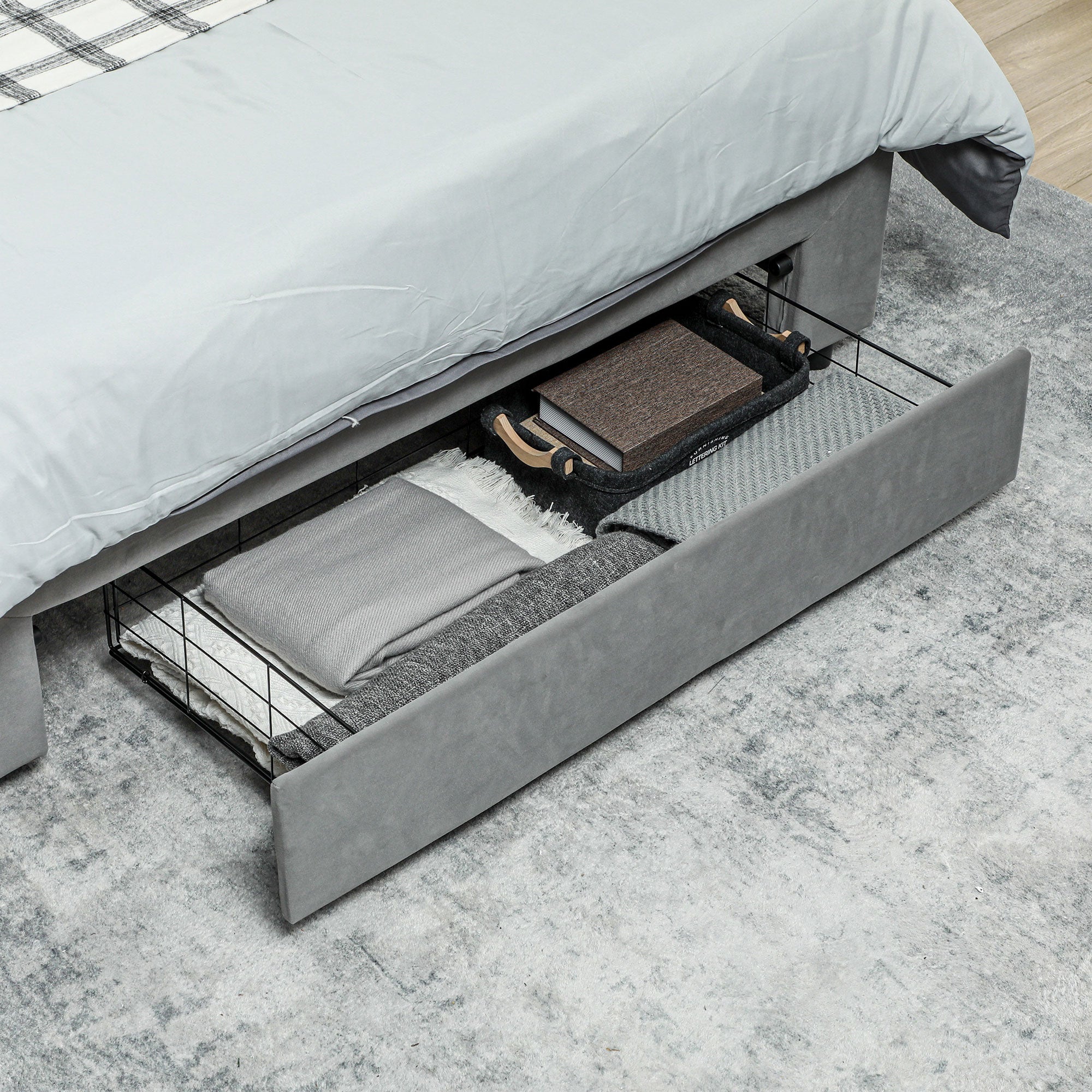 Double Bed Frame 140 x 200 cm for 2 People - gas lift, storage space, drawer on wheels, adjustable headboard and wooden slat base, velvet effect upholstery, grey