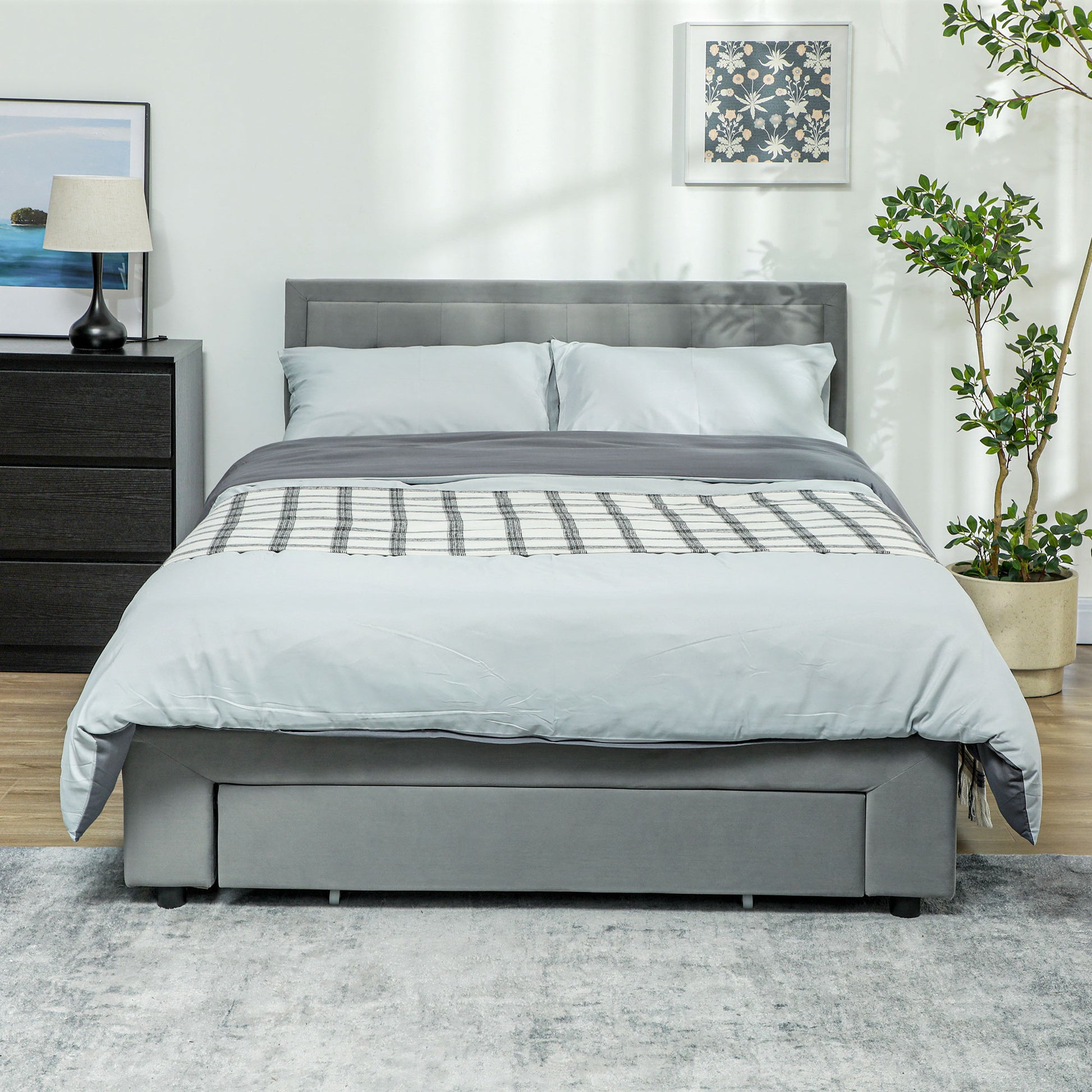 Double Bed Frame 140 x 200 cm for 2 People - gas lift, storage space, drawer on wheels, adjustable headboard and wooden slat base, velvet effect upholstery, grey