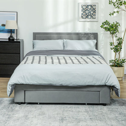 Double Bed Frame 140 x 200 cm for 2 People - gas lift, storage space, drawer on wheels, adjustable headboard and wooden slat base, velvet effect upholstery, grey