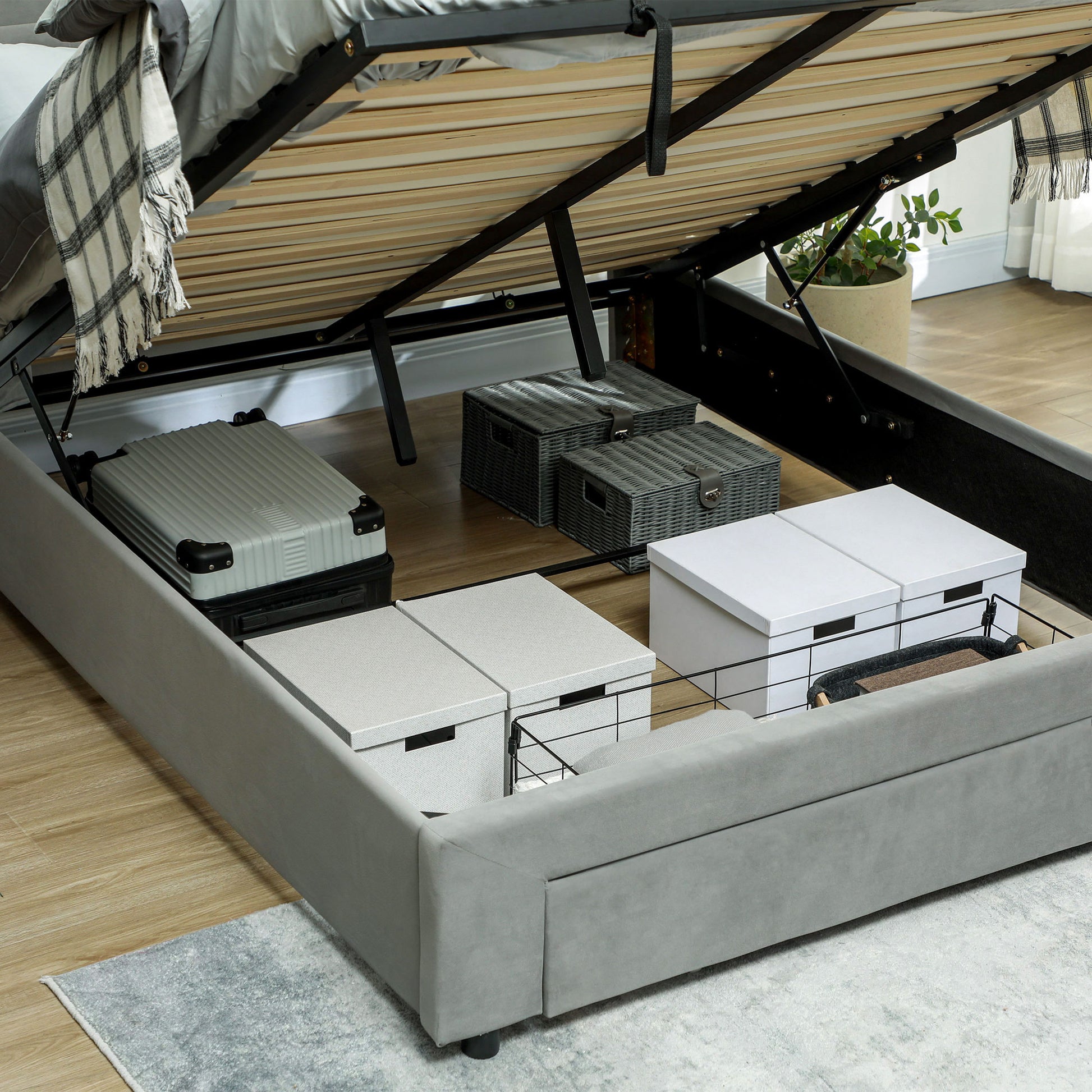 Double Bed Frame 140 x 200 cm for 2 People - gas lift, storage space, drawer on wheels, adjustable headboard and wooden slat base, velvet effect upholstery, grey