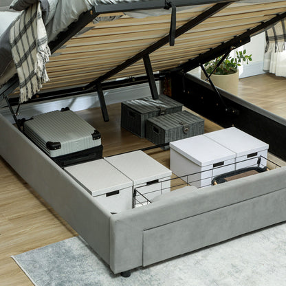 Double Bed Frame 140 x 200 cm for 2 People - gas lift, storage space, drawer on wheels, adjustable headboard and wooden slat base, velvet effect upholstery, grey