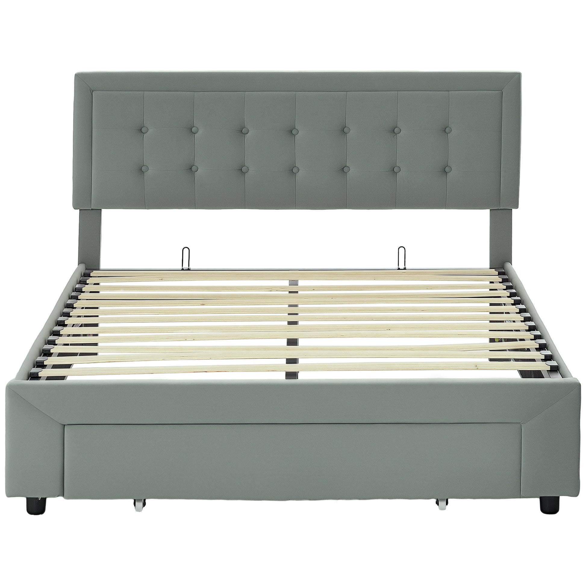 Double Bed Frame 140 x 200 cm for 2 People - gas lift, storage space, drawer on wheels, adjustable headboard and wooden slat base, velvet effect upholstery, grey