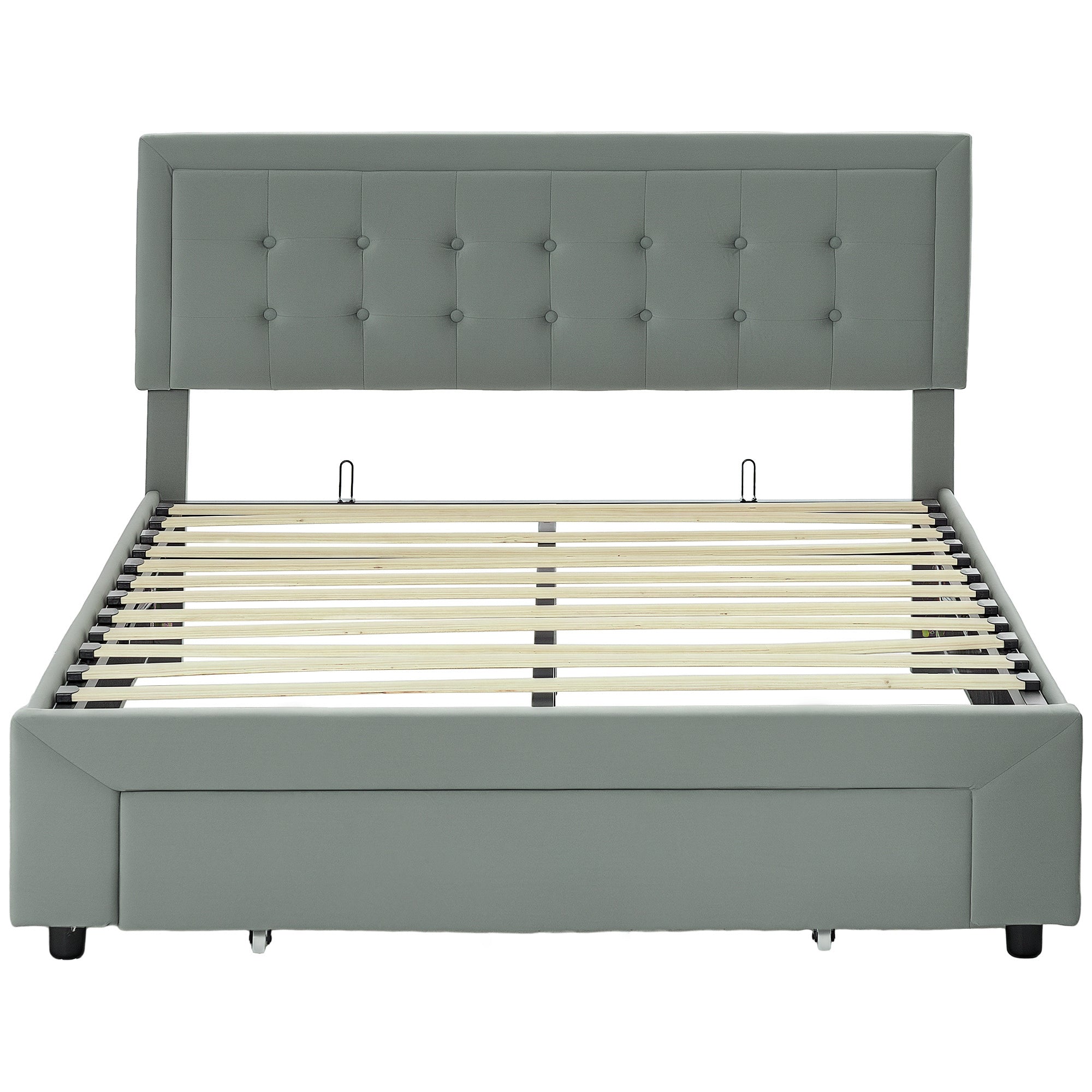 Double Bed Frame 140 x 200 cm for 2 People - gas lift, storage space, drawer on wheels, adjustable headboard and wooden slat base, velvet effect upholstery, grey