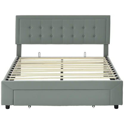 Double Bed Frame 140 x 200 cm for 2 People - gas lift, storage space, drawer on wheels, adjustable headboard and wooden slat base, velvet effect upholstery, grey