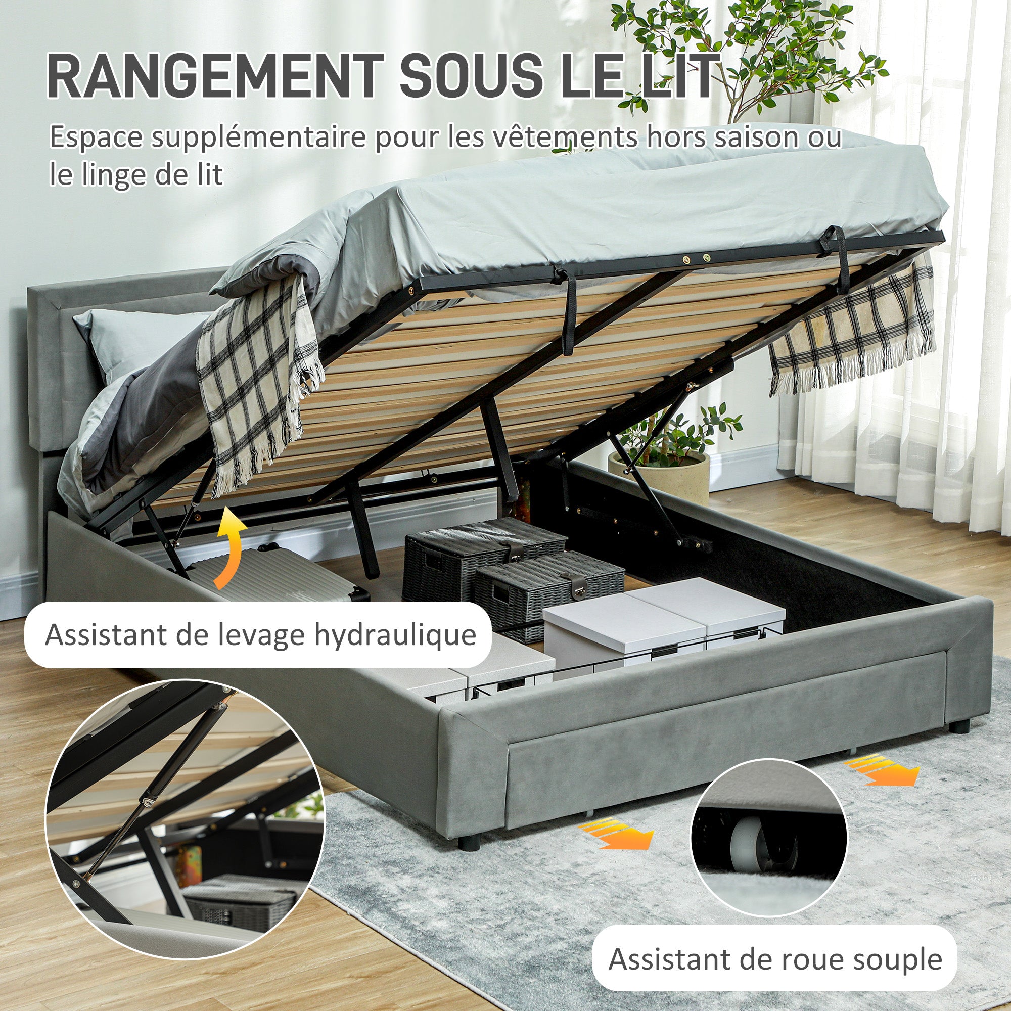 Double Bed Frame 140 x 200 cm for 2 People - gas lift, storage space, drawer on wheels, adjustable headboard and wooden slat base, velvet effect upholstery, grey