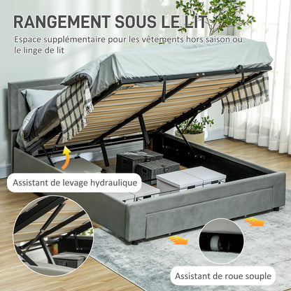 Double Bed Frame 140 x 200 cm for 2 People - gas lift, storage space, drawer on wheels, adjustable headboard and wooden slat base, velvet effect upholstery, grey