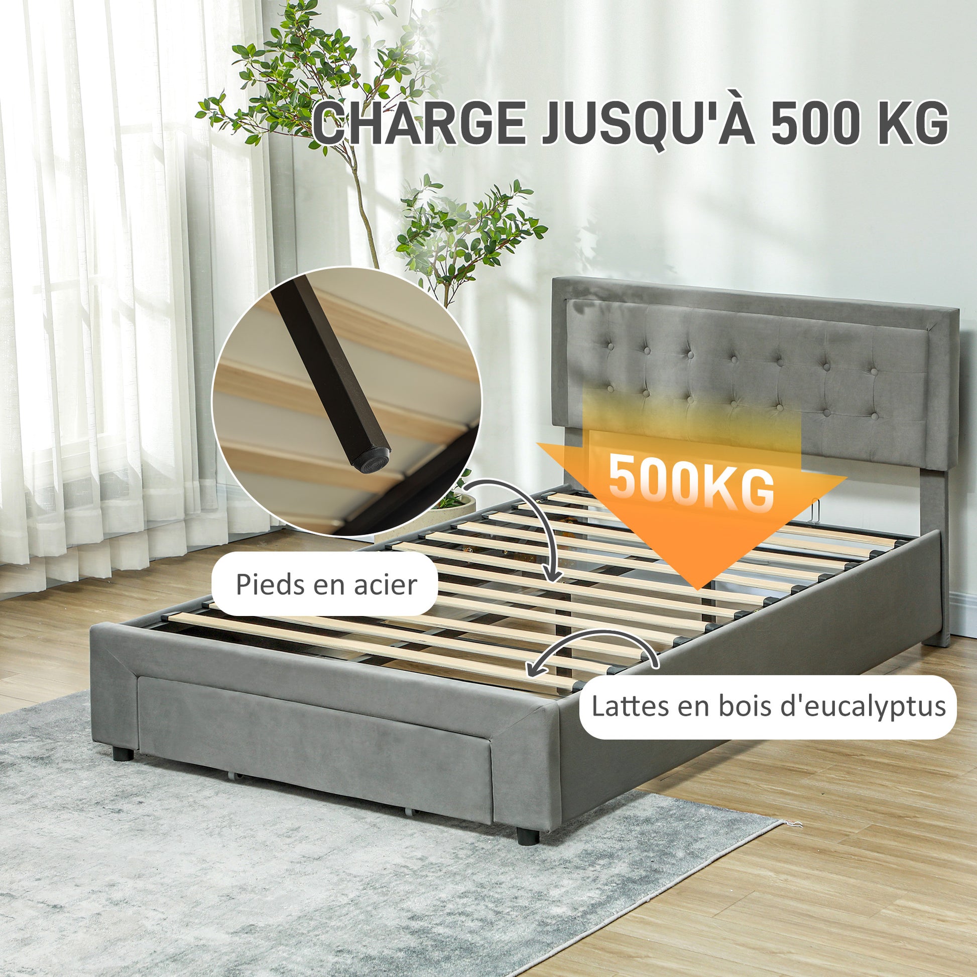Double Bed Frame 140 x 200 cm for 2 People - gas lift, storage space, drawer on wheels, adjustable headboard and wooden slat base, velvet effect upholstery, grey