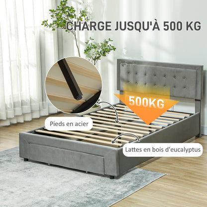 Double Bed Frame 140 x 200 cm for 2 People - gas lift, storage space, drawer on wheels, adjustable headboard and wooden slat base, velvet effect upholstery, grey