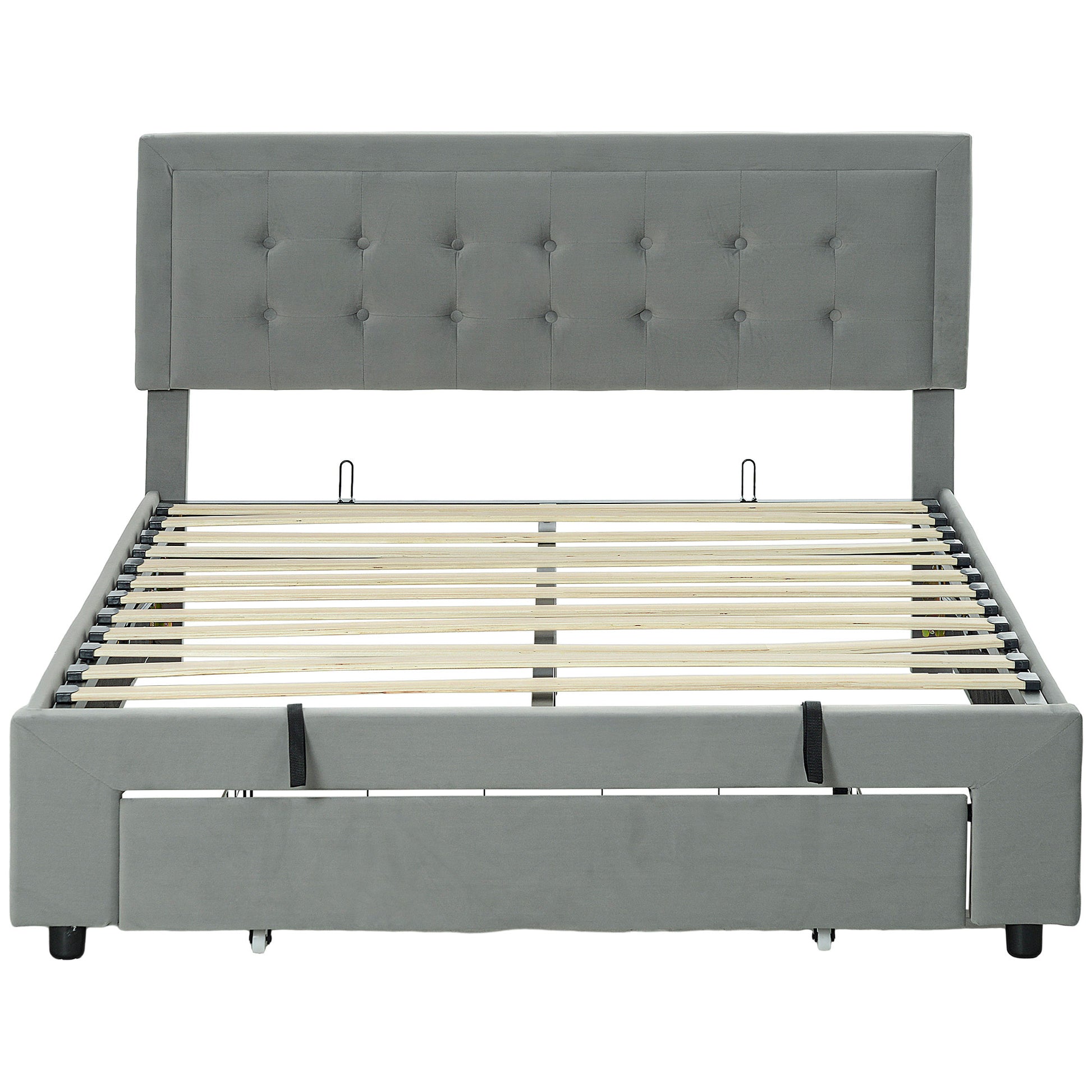 Double Bed Frame 140 x 200 cm for 2 People - gas lift, storage space, drawer on wheels, adjustable headboard and wooden slat base, velvet effect upholstery, grey