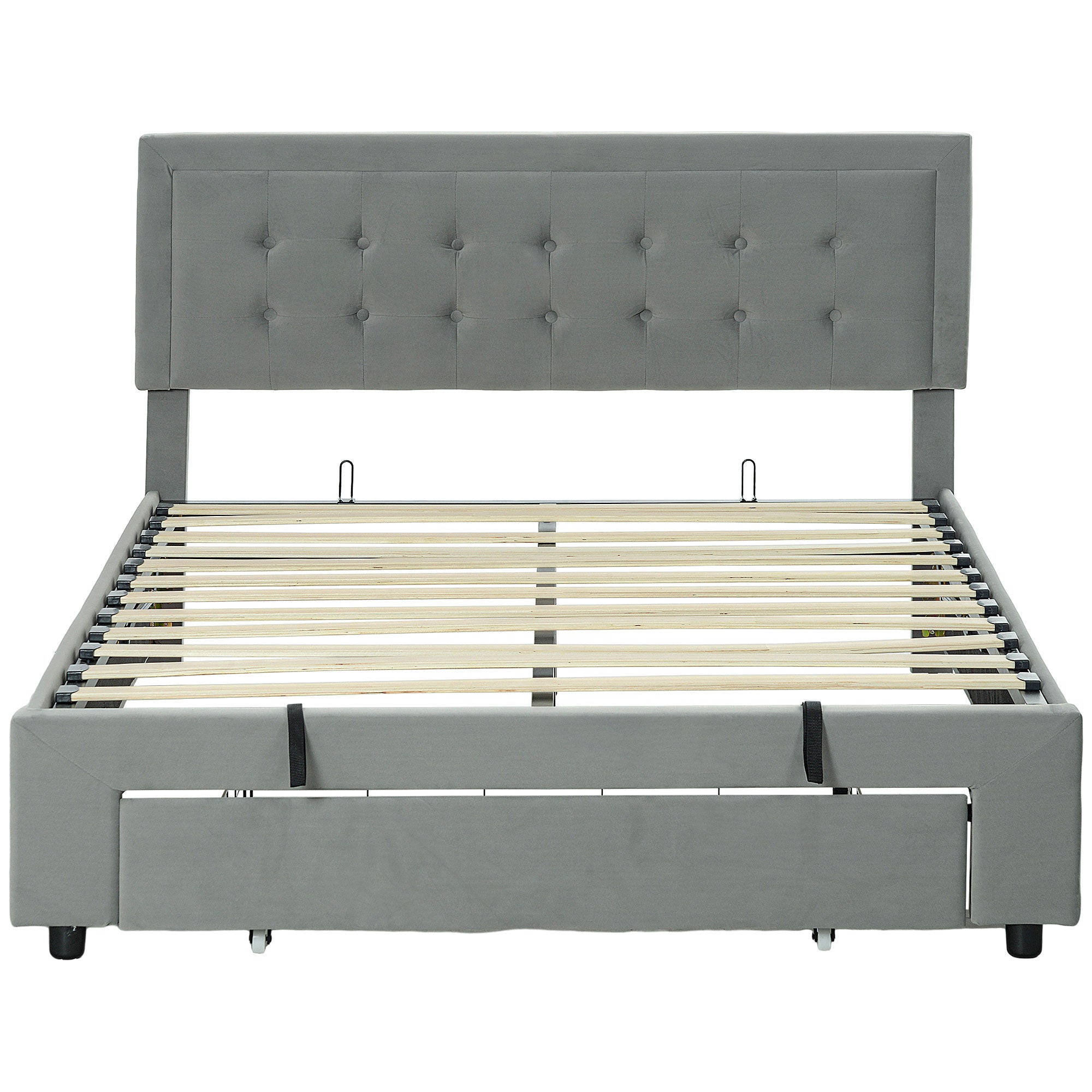 Double Bed Frame 140 x 200 cm for 2 People - gas lift, storage space, drawer on wheels, adjustable headboard and wooden slat base, velvet effect upholstery, grey