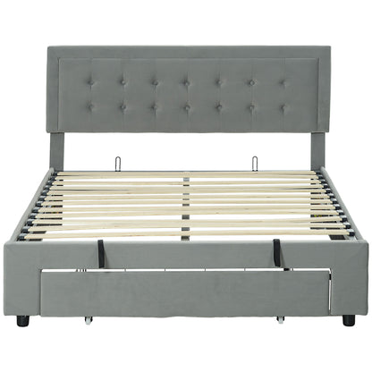 Double Bed Frame 140 x 200 cm for 2 People - gas lift, storage space, drawer on wheels, adjustable headboard and wooden slat base, velvet effect upholstery, grey