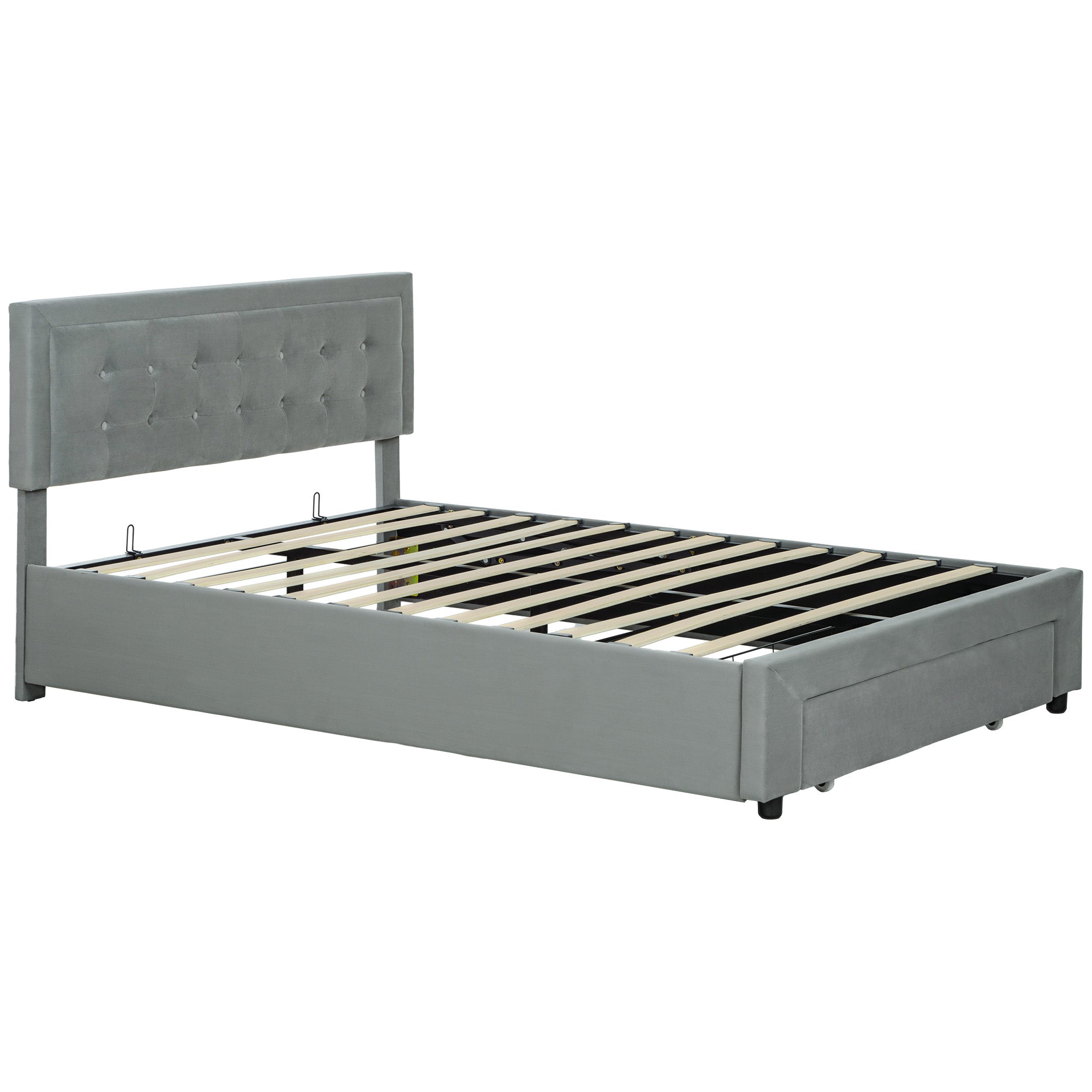 Double Bed Frame 140 x 200 cm for 2 People - gas lift, storage space, drawer on wheels, adjustable headboard and wooden slat base, velvet effect upholstery, grey