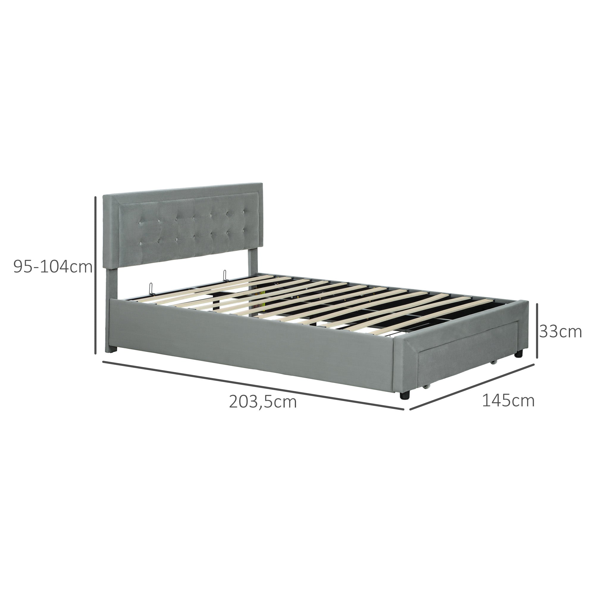 Double Bed Frame 140 x 200 cm for 2 People - gas lift, storage space, drawer on wheels, adjustable headboard and wooden slat base, velvet effect upholstery, grey