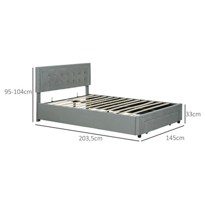 Double Bed Frame 140 x 200 cm for 2 People - gas lift, storage space, drawer on wheels, adjustable headboard and wooden slat base, velvet effect upholstery, grey