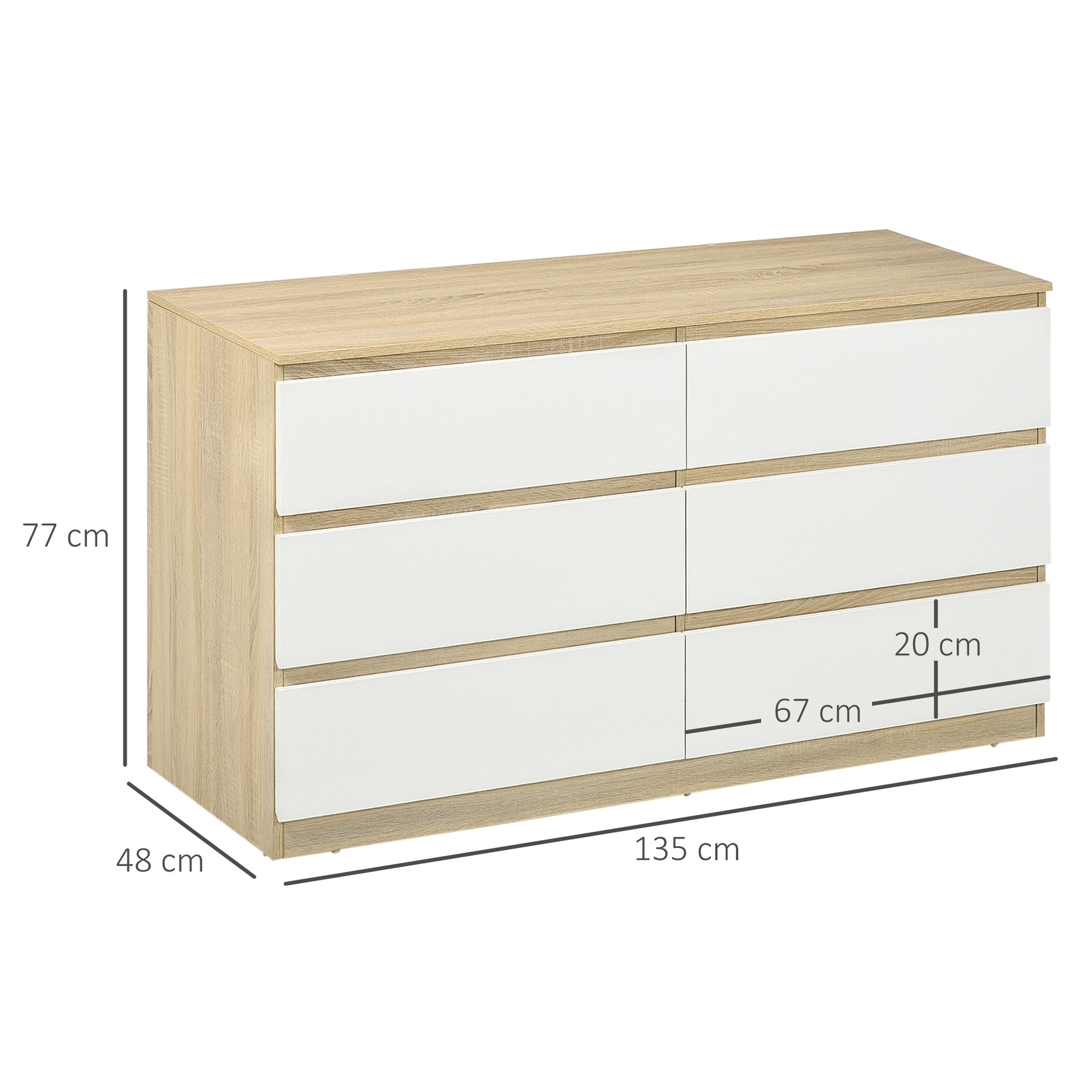Modern 6-Drawer Wooden Dresser, Bedroom Dresser 135x48x77cm, White and Wood