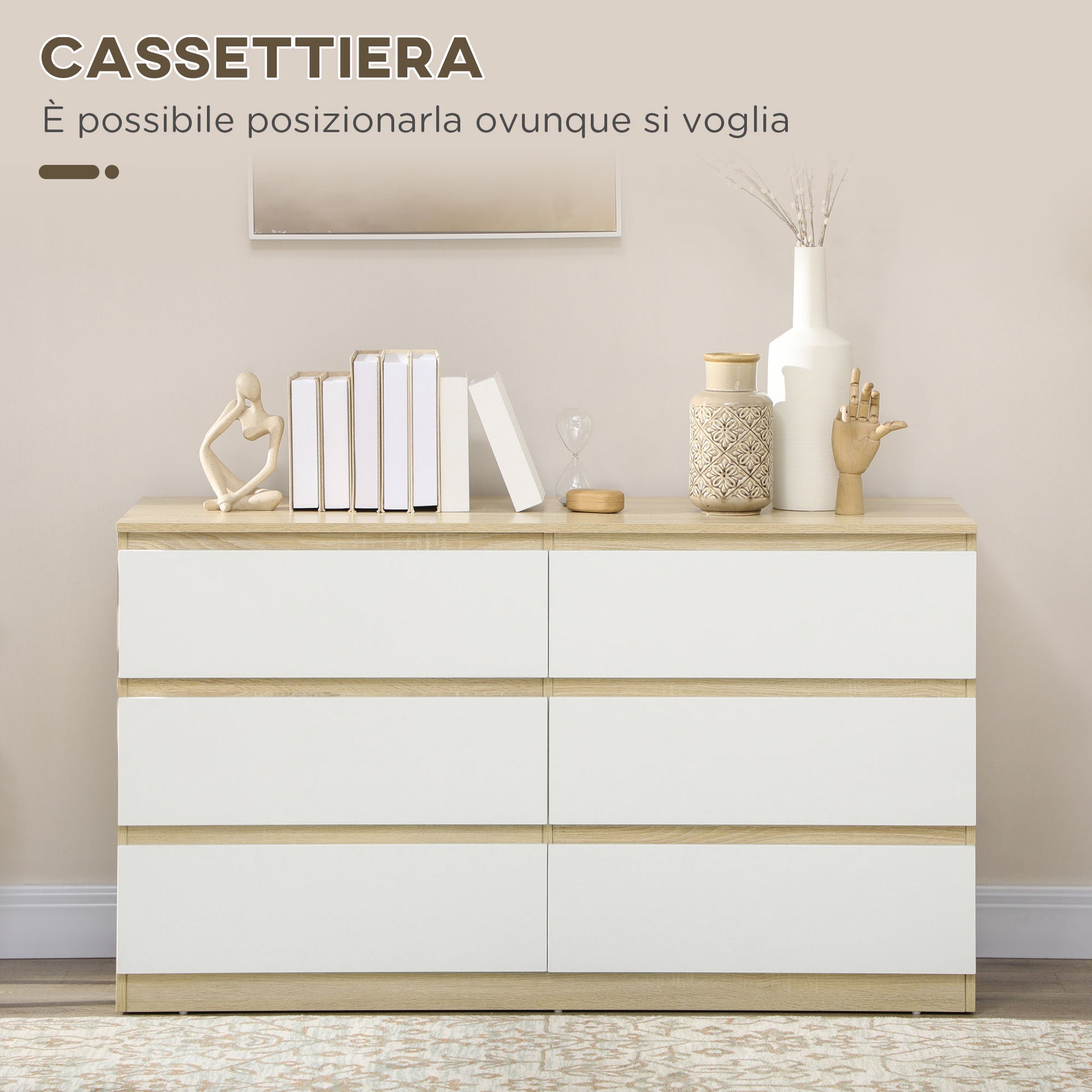 Modern 6-Drawer Wooden Dresser, Bedroom Dresser 135x48x77cm, White and Wood