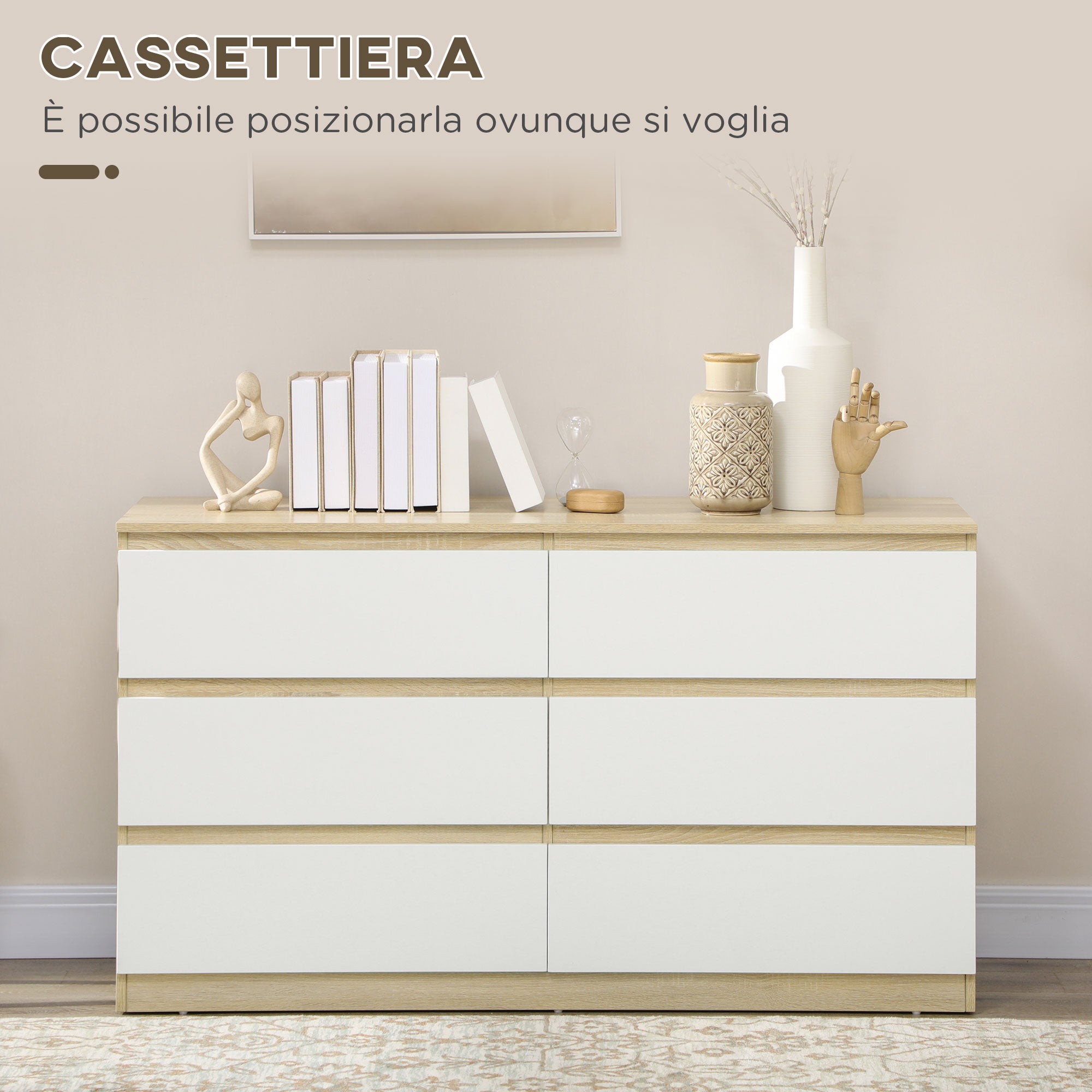 Modern 6-Drawer Wooden Dresser, Bedroom Dresser 135x48x77cm, White and Wood