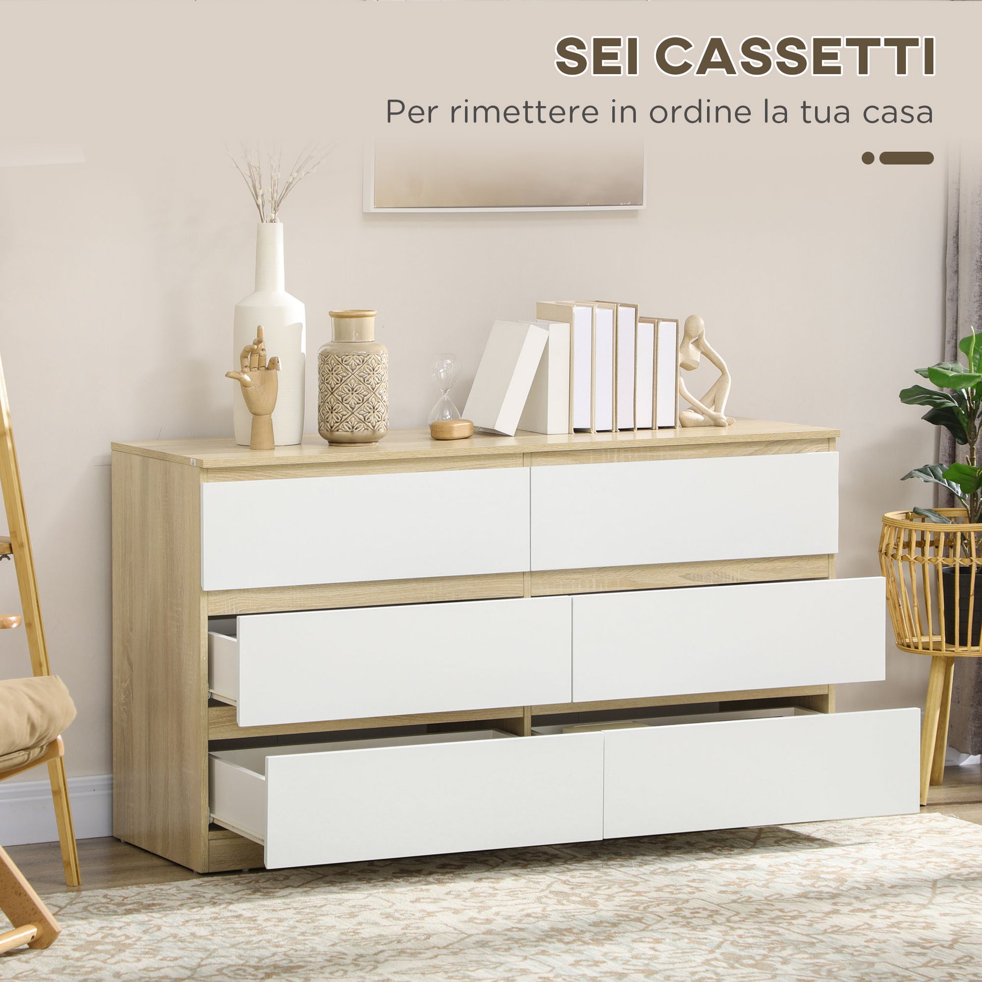 Modern 6-Drawer Wooden Dresser, Bedroom Dresser 135x48x77cm, White and Wood