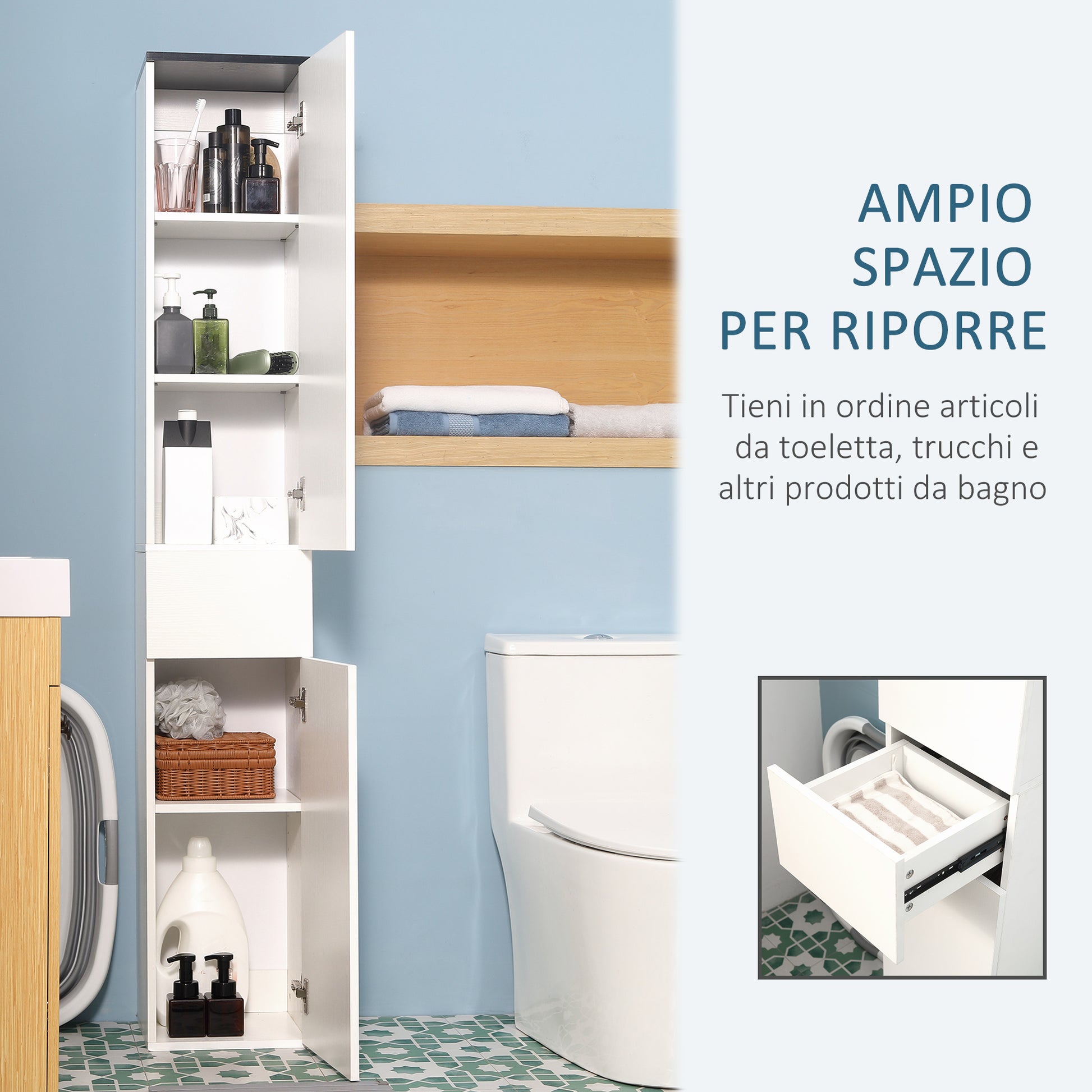 Bathroom Column with 2 Cabinets and Drawer, Tall Bathroom Cabinet, Space-Saving Bathroom Cabinet with 2 Doors, Adjustable Shelves in Wood, 30x28x180 cm, White