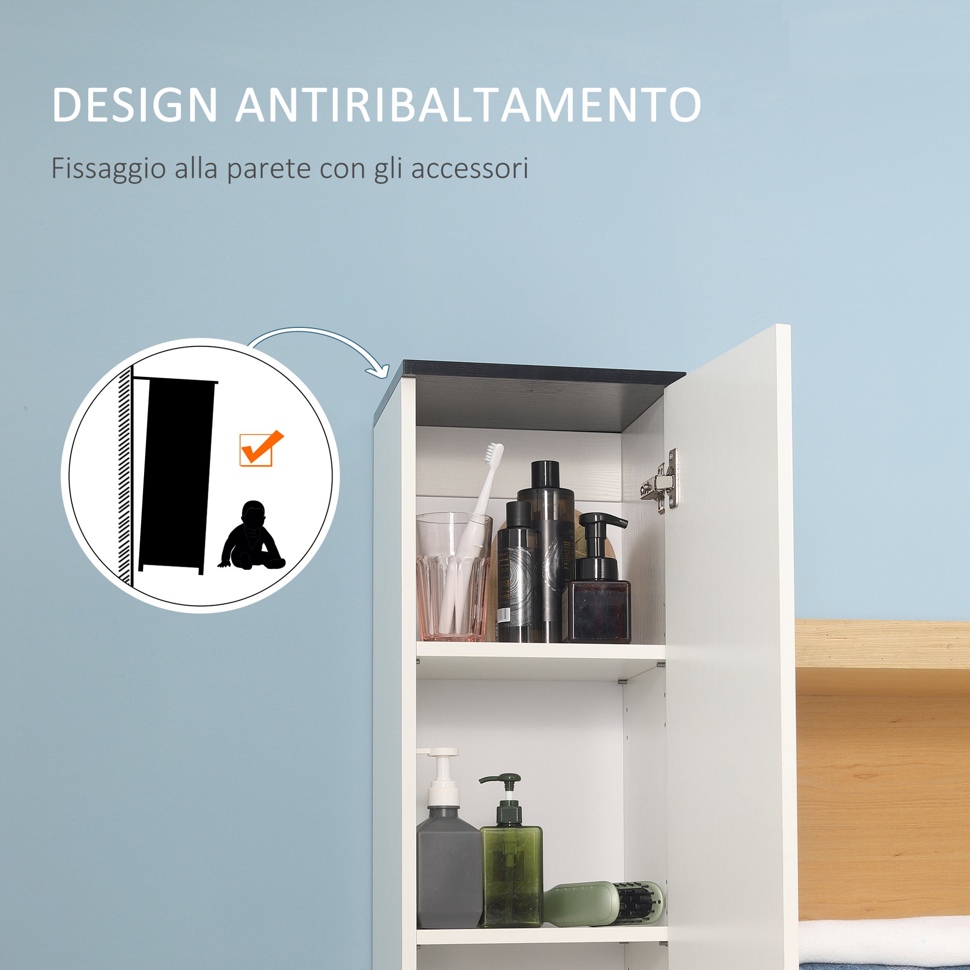 Bathroom Column with 2 Cabinets and Drawer, Tall Bathroom Cabinet, Space-Saving Bathroom Cabinet with 2 Doors, Adjustable Shelves in Wood, 30x28x180 cm, White