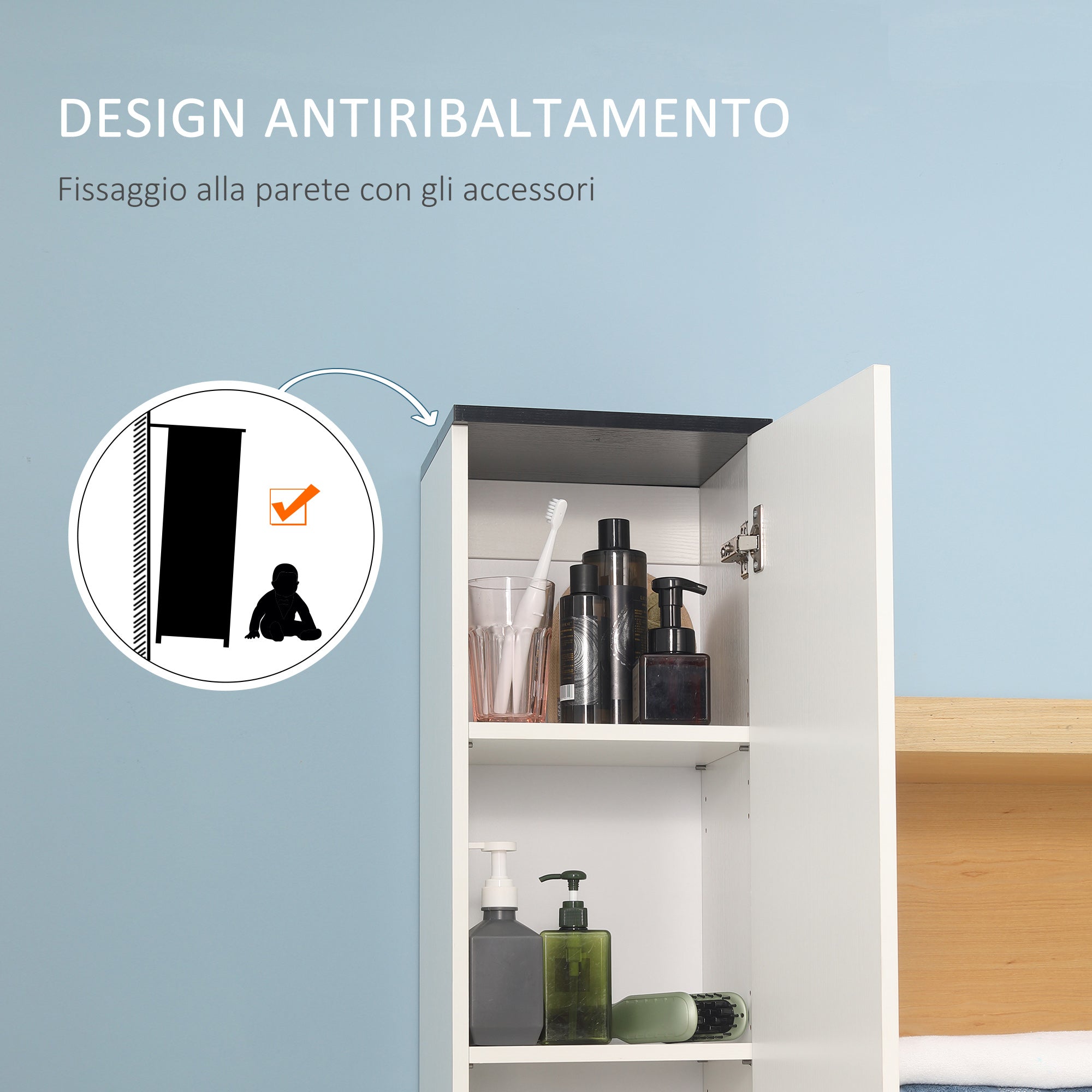 Bathroom Column with 2 Cabinets and Drawer, Tall Bathroom Cabinet, Space-Saving Bathroom Cabinet with 2 Doors, Adjustable Shelves in Wood, 30x28x180 cm, White