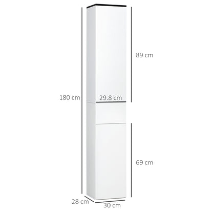 Bathroom Column with 2 Cabinets and Drawer, Tall Bathroom Cabinet, Space-Saving Bathroom Cabinet with 2 Doors, Adjustable Shelves in Wood, 30x28x180 cm, White