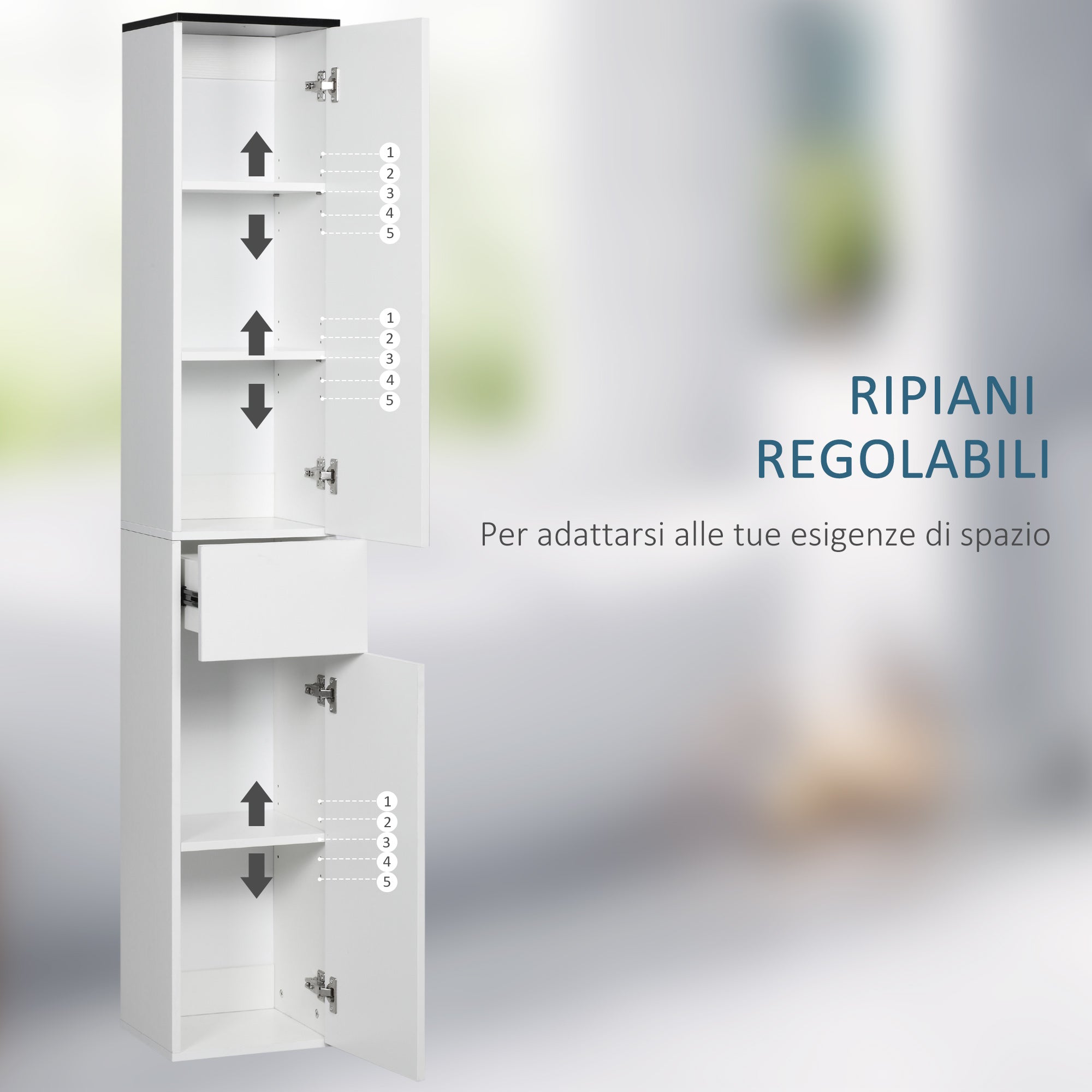 Bathroom Column with 2 Cabinets and Drawer, Tall Bathroom Cabinet, Space-Saving Bathroom Cabinet with 2 Doors, Adjustable Shelves in Wood, 30x28x180 cm, White