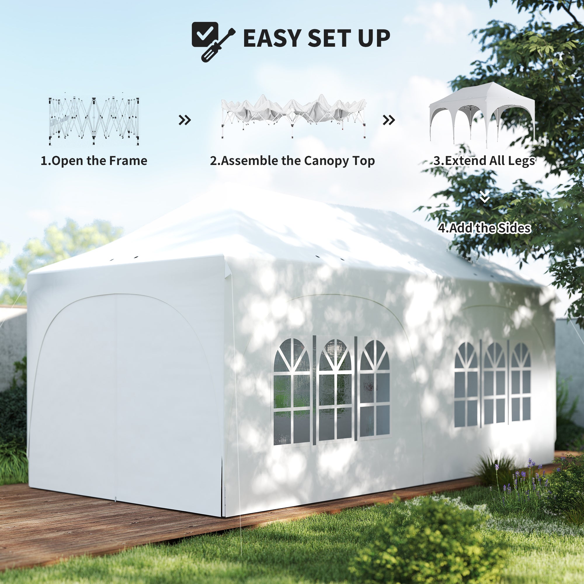 3 x 6 m Waterproof Pop-Up Gazebo — Adjustable Height, Pointed Roof, Drainage Vents, Removable Sidewalls, UPF30+ Sun Protection — Folding Party & Garden Tent, White