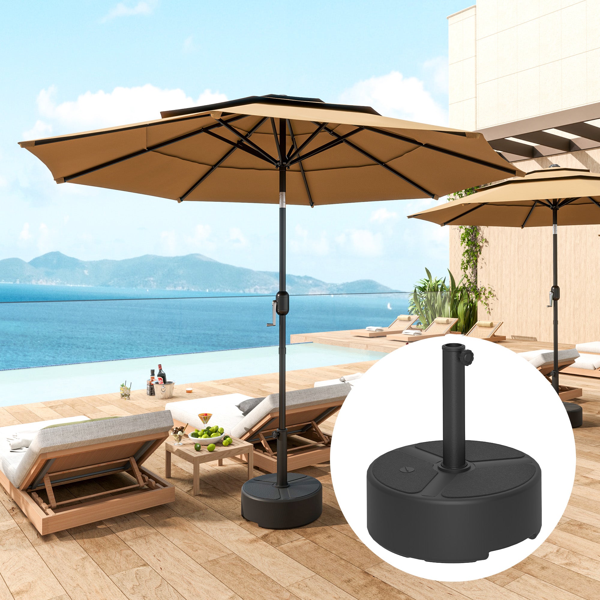 Fillable HDPE Umbrella Base — Round Stand for Ø38/Ø48 mm Poles, Holds 44 lb (20 kg) Sand or 40 lb (18 kg) Water, For Balcony/Patio/Garden — Black