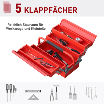Toolbox Tool Case Assembly Tool Box Empty Space-saving with 5 Compartments Foldable Stable Steel (SPCC) Red 45 x 20 x 34.5 cm