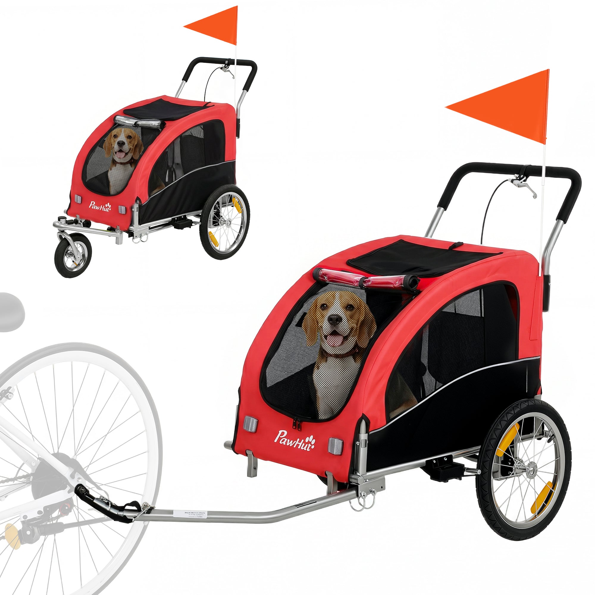 2-in-1 Dog Bike Trailer & Stroller for Medium Dogs with Suspension, Quick-Release Wheels, Reflectors, Large Mesh Windows, Hand Brake, Safety Flag — Red