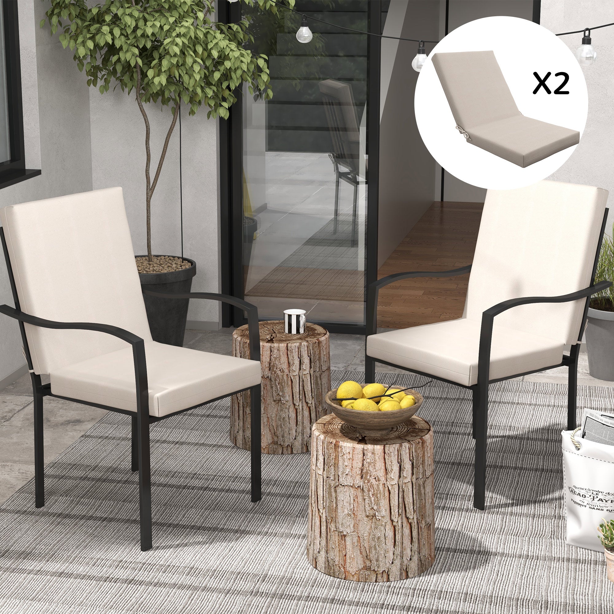 Set of 2 Outdoor Cushions for Chair with Backrest and 8cm Padding, size 112L x 51W cm, Beige