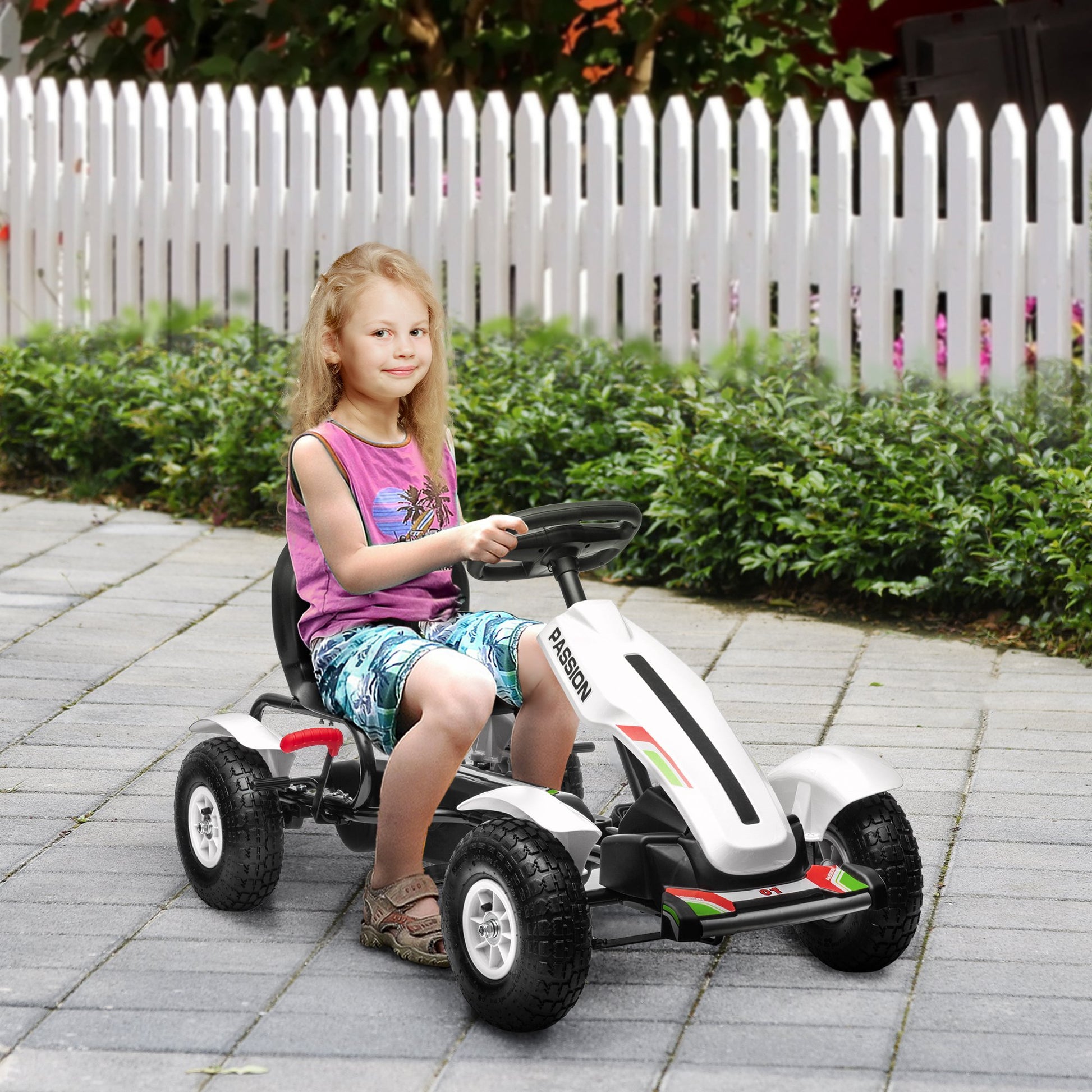 Pedal Go-Kart for Kids 5+ Years Old Children's Pedal Car with Adjustable Seat Rubber Tires Hand Brake for Boys and Girls Load 50 kg 121x58x61 cm White