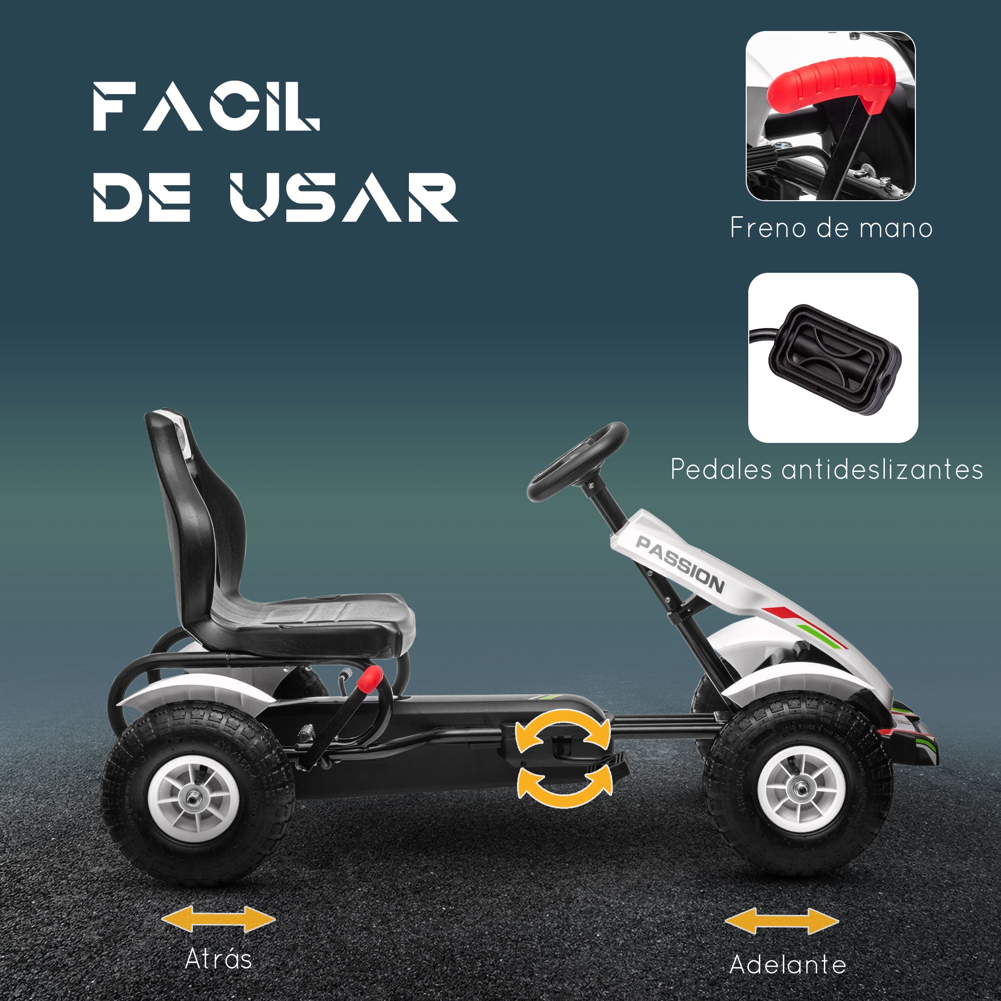 Pedal Go-Kart for Kids 5+ Years Old Children's Pedal Car with Adjustable Seat Rubber Tires Hand Brake for Boys and Girls Load 50 kg 121x58x61 cm White
