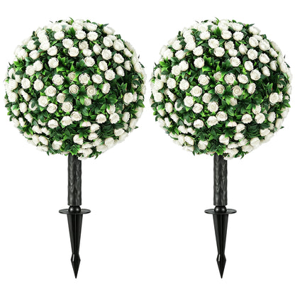 Artificial Rose Topiary Balls 2-Pack, 55 cm (21.7 in) UV-Resistant Artificial Plants with 306 White Roses and Ground Spike for Living Room, Bedroom, Office, Garden
