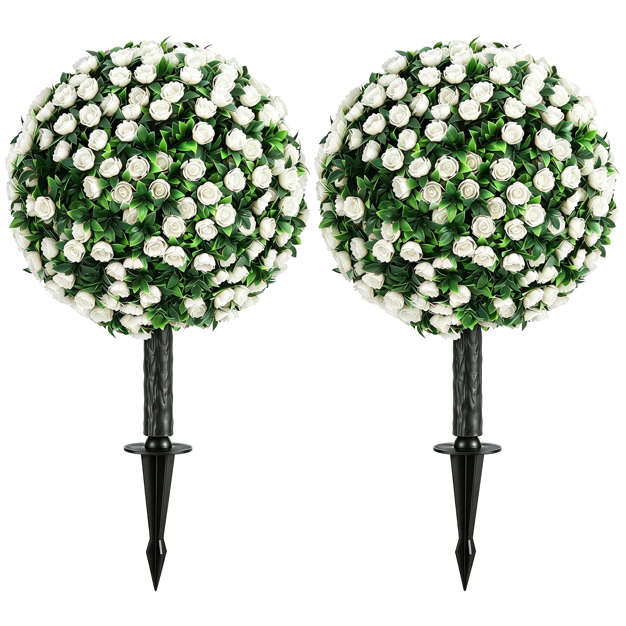 Artificial Rose Topiary Balls 2-Pack, 55 cm (21.7 in) UV-Resistant Artificial Plants with 306 White Roses and Ground Spike for Living Room, Bedroom, Office, Garden