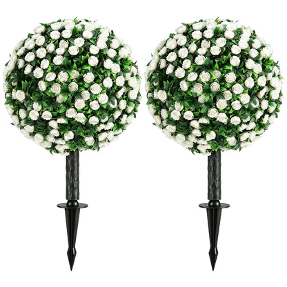 Artificial Rose Topiary Balls 2-Pack, 55 cm (21.7 in) UV-Resistant Artificial Plants with 306 White Roses and Ground Spike for Living Room, Bedroom, Office, Garden