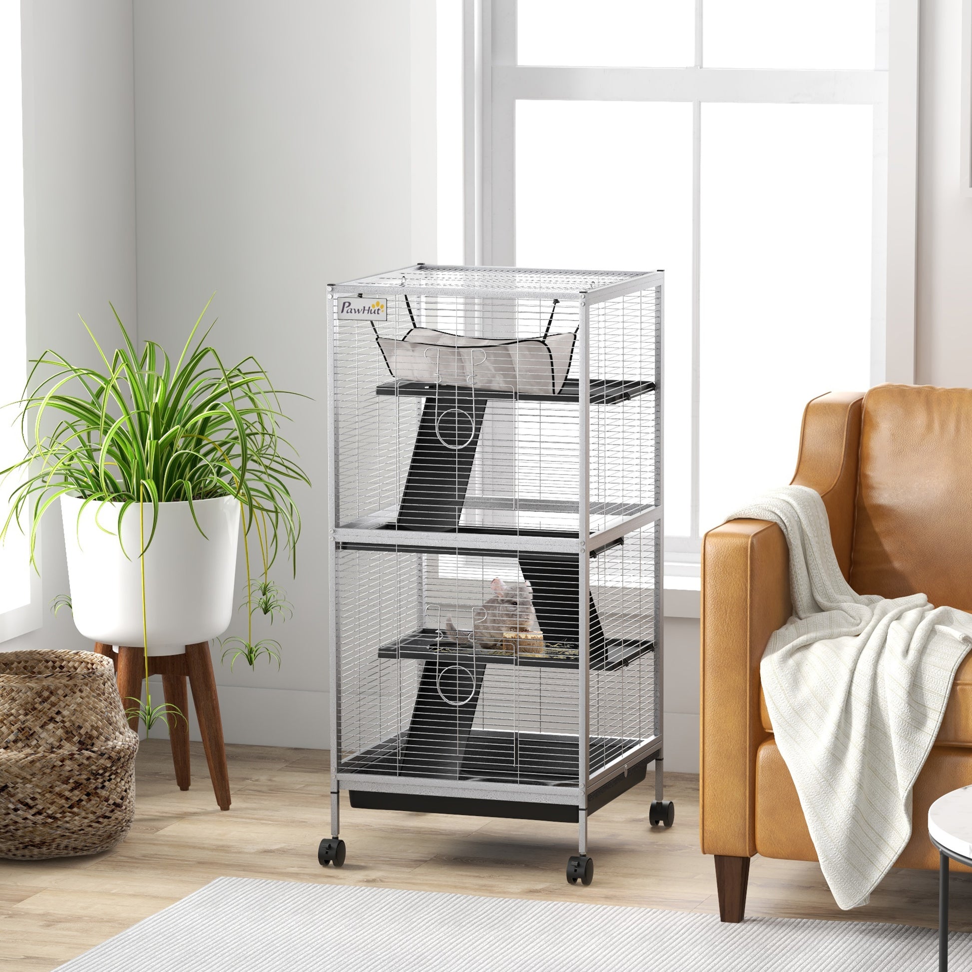 4-Level Small Animal Cage for Rodents with Wheels, 2 Doors, 3 Ramps, Hanging Hammock, and Removable Tray for Chinchillas 52x52x113.5 cm Light Gray