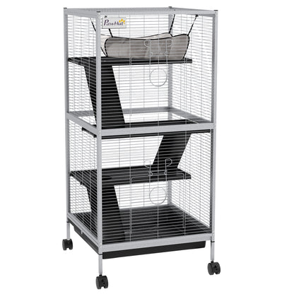 4-Level Small Animal Cage for Rodents with Wheels, 2 Doors, 3 Ramps, Hanging Hammock, and Removable Tray for Chinchillas 52x52x113.5 cm Light Gray