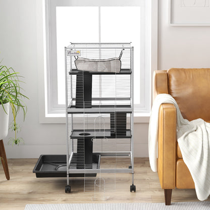 4-Level Small Animal Cage for Rodents with Wheels, 2 Doors, 3 Ramps, Hanging Hammock, and Removable Tray for Chinchillas 52x52x113.5 cm Light Gray