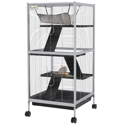 4-Level Small Animal Cage for Rodents with Wheels, 2 Doors, 3 Ramps, Hanging Hammock, and Removable Tray for Chinchillas 52x52x113.5 cm Light Gray