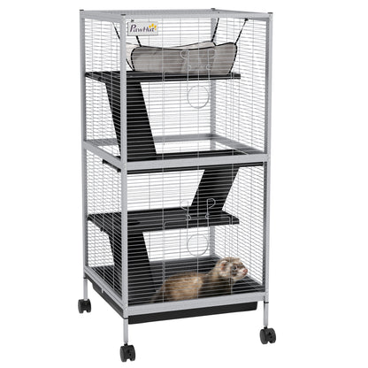 4-Level Small Animal Cage for Rodents with Wheels, 2 Doors, 3 Ramps, Hanging Hammock, and Removable Tray for Chinchillas 52x52x113.5 cm Light Gray