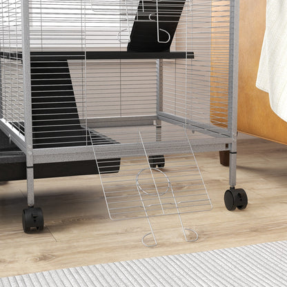 4-Level Small Animal Cage for Rodents with Wheels, 2 Doors, 3 Ramps, Hanging Hammock, and Removable Tray for Chinchillas 52x52x113.5 cm Light Gray