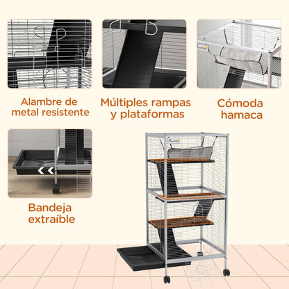 4-Level Small Animal Cage for Rodents with Wheels, 2 Doors, 3 Ramps, Hanging Hammock, and Removable Tray for Chinchillas 52x52x113.5 cm Light Gray